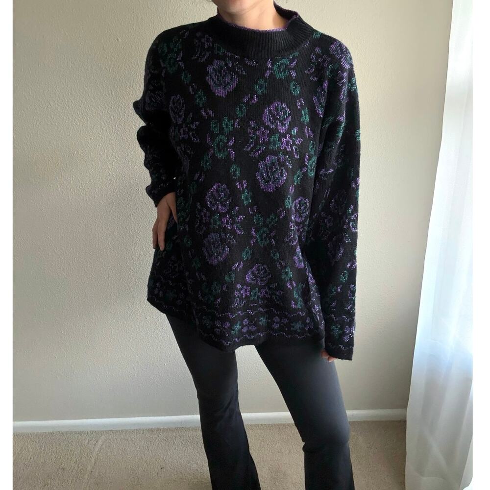 Vintage 90s Just For Women Purple Sparkly mock neck Sweater floral grandma retro